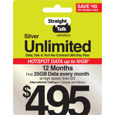 Straight Talk 1 Year Silver Unlimited Service Refill Prepaid Top Up 25 GB Monthly